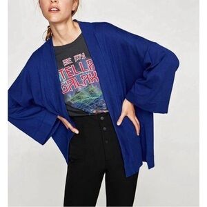 Zara Knit Cardigan Sweater Royal Blue Open Front 3/4 Sleeve